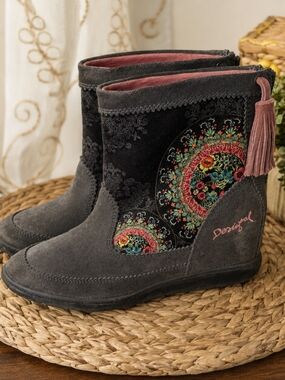 Desigual Boho Floral Suede Hidden Wedge Ankle Boots Tassel Zip EU39 Women's